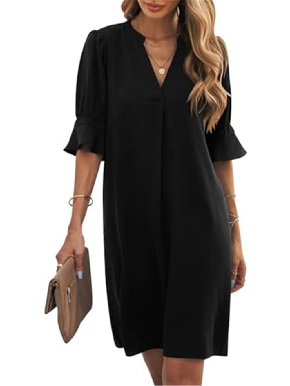 Black V Neck Shift Dress Women Short Sleeve Flowy Casual Summer Sundress Beach
